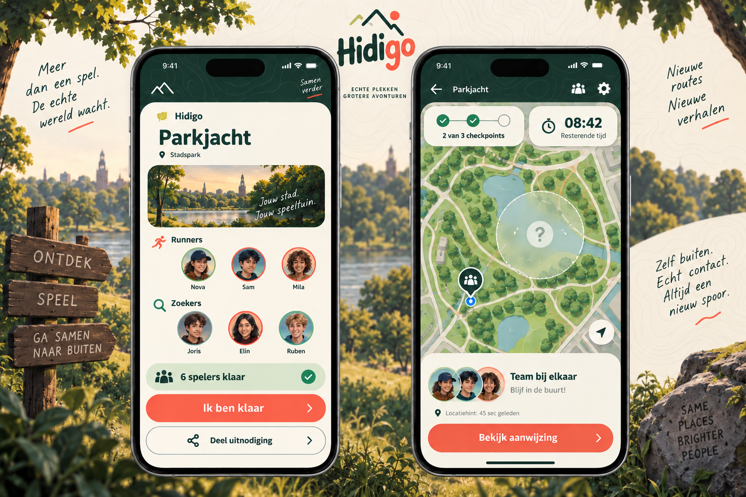 Hidigo-concept: een buitenavontuur met twee telefoons die de teamlobby en spelkaart tonen.